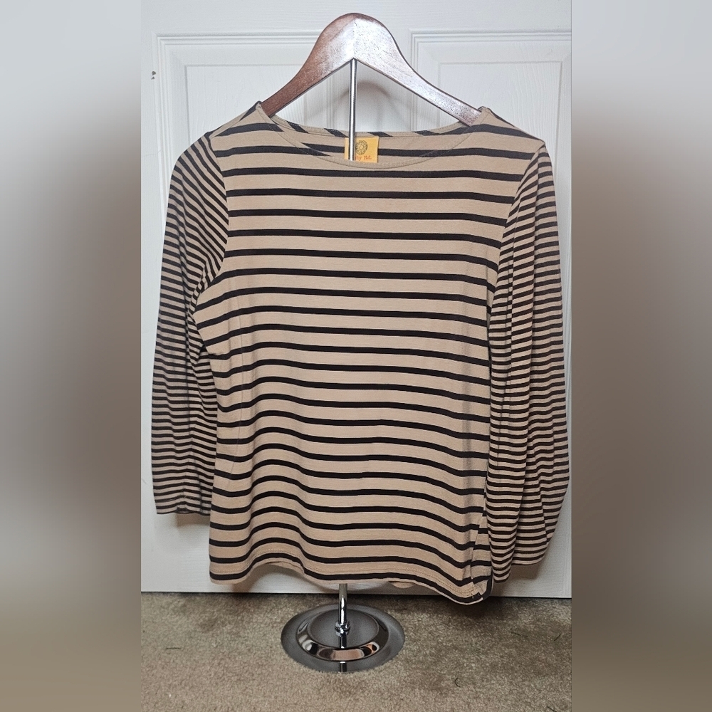 Ruby Rd Tan Black Striped Knit Top 3/4 Sleeve Lightweight Pullover Size P/M